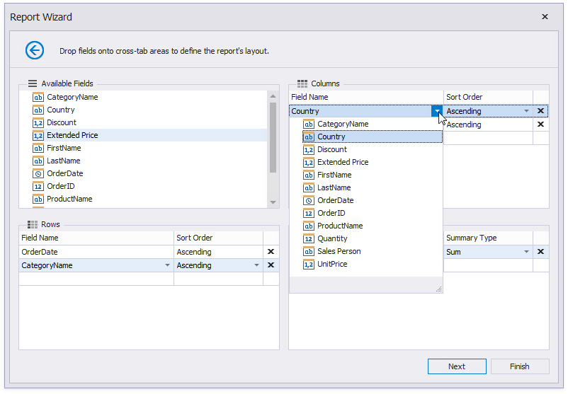 eurd-win-cross-tab-report-wizard-drop-down-list