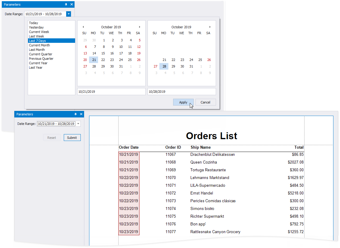 A date range parameter's editor in Preview