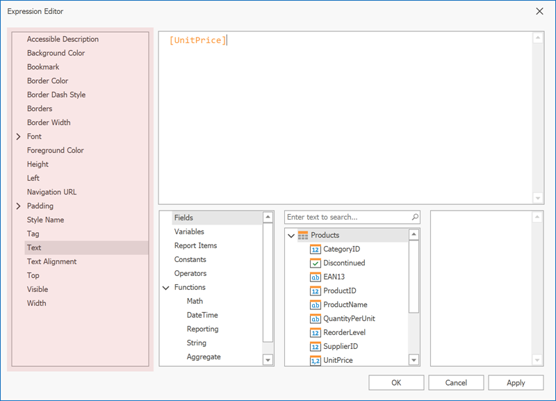 Properties List in the Expression Editor