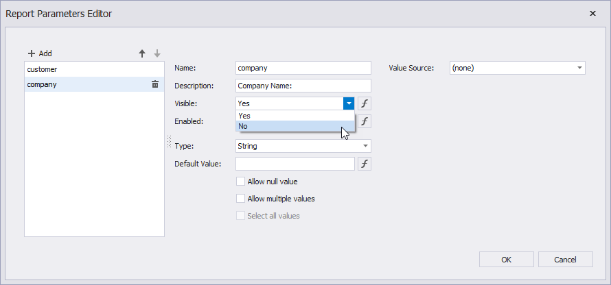 Hide a parameter from the Parameters panel