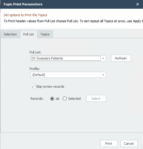 Topic Print Parameters Dialog 2