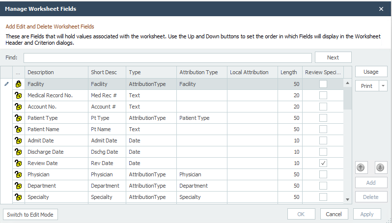 Worksheet Fields Dialog