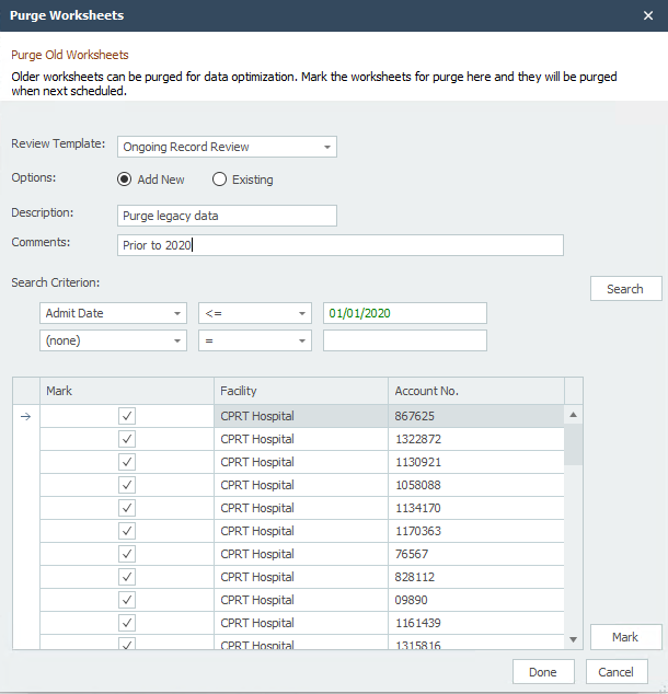 Purge Worksheets Dialog