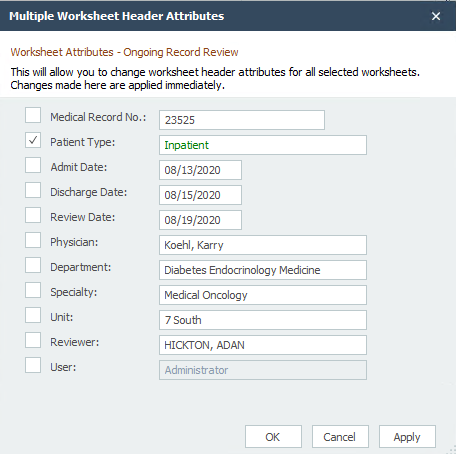 Multiple Worksheet Header Attributes Dialog