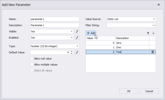 Specify static values for a report parameter