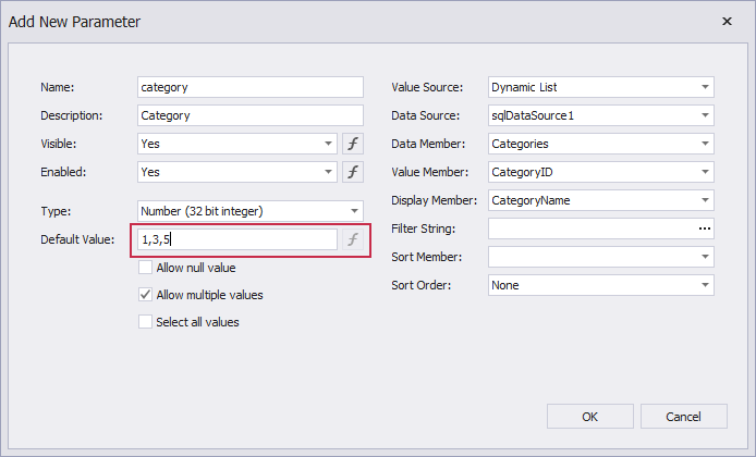 Specify default values for a multi-value parameter