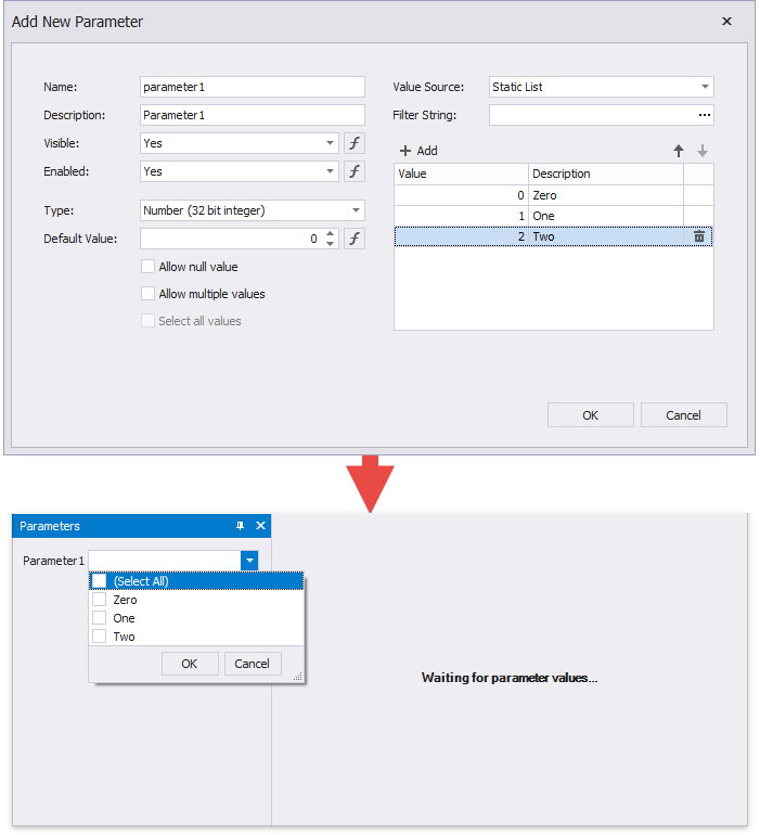 Create a report parameter with predefined static values