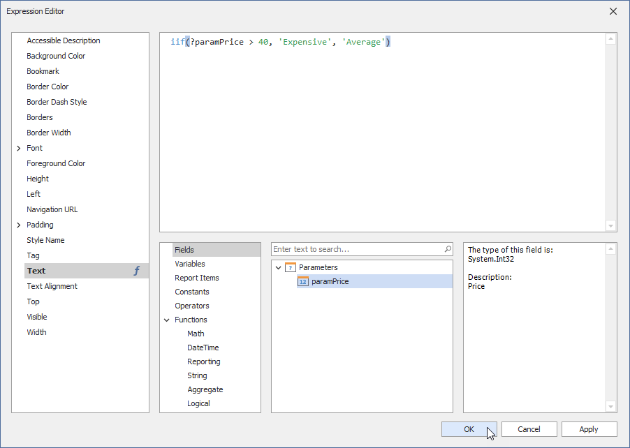 Reference report parameter in a control's expression