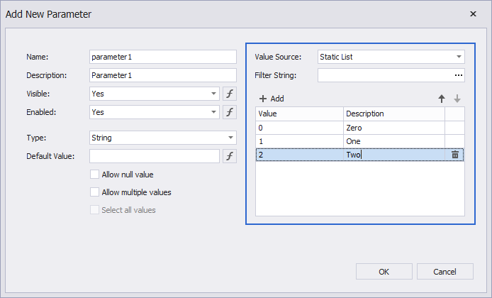 Static parameter values