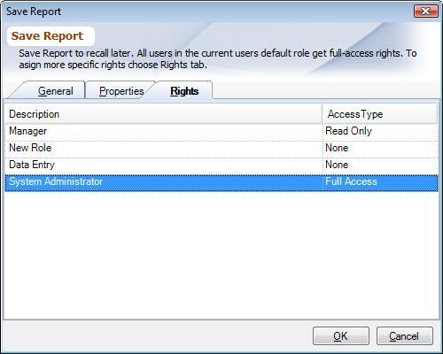 Saved Report Dialog - Rights Tab
