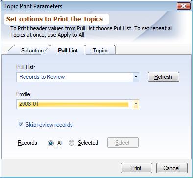 Print Topic Editor Pull List Tab