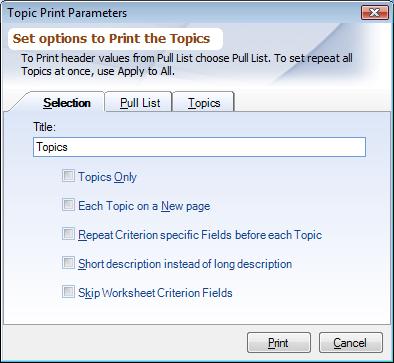 Print Topic Editor Selection Tab