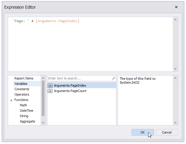 Expression Editor for the PrintOnPage event